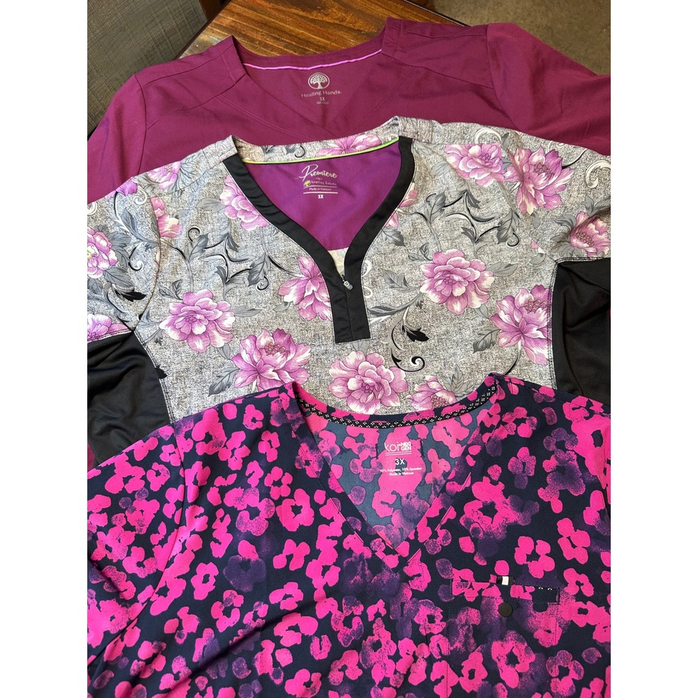 Healing Hands Koi Next Gen Scrub Tops Lot 3 Women 3X Wine Floral Pink Leopard